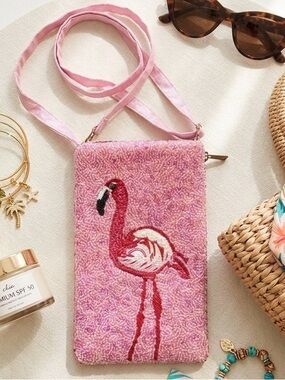 Bamboo Trading Beaded Flamingo Crossbody Cell Phone Bag Pink Kidcore Dollcore